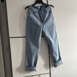 Light Blue Straight Leg Jeans with Rolled Hems